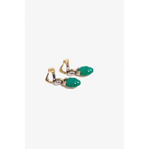 Cartier Carved Chrysoprase, Diamond + Gold Drop Clip-on Earrings - Picture 4 of 5
